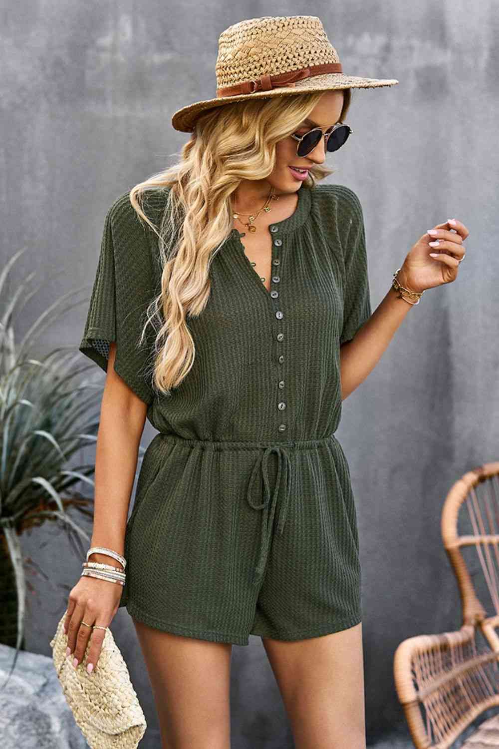 Waffle-Knit Drawstring Waist Romper