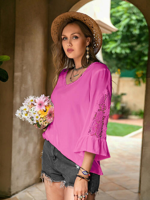 Double Take Plus Size Flower Crochet Flare Sleeve Top