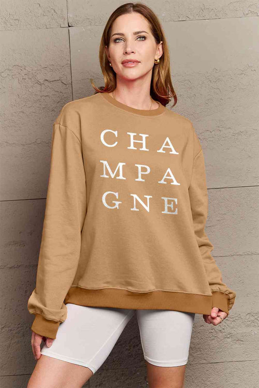 Simply Love Full Size CHAMPAGNE Graphic Long Sleeve Sweatshirt