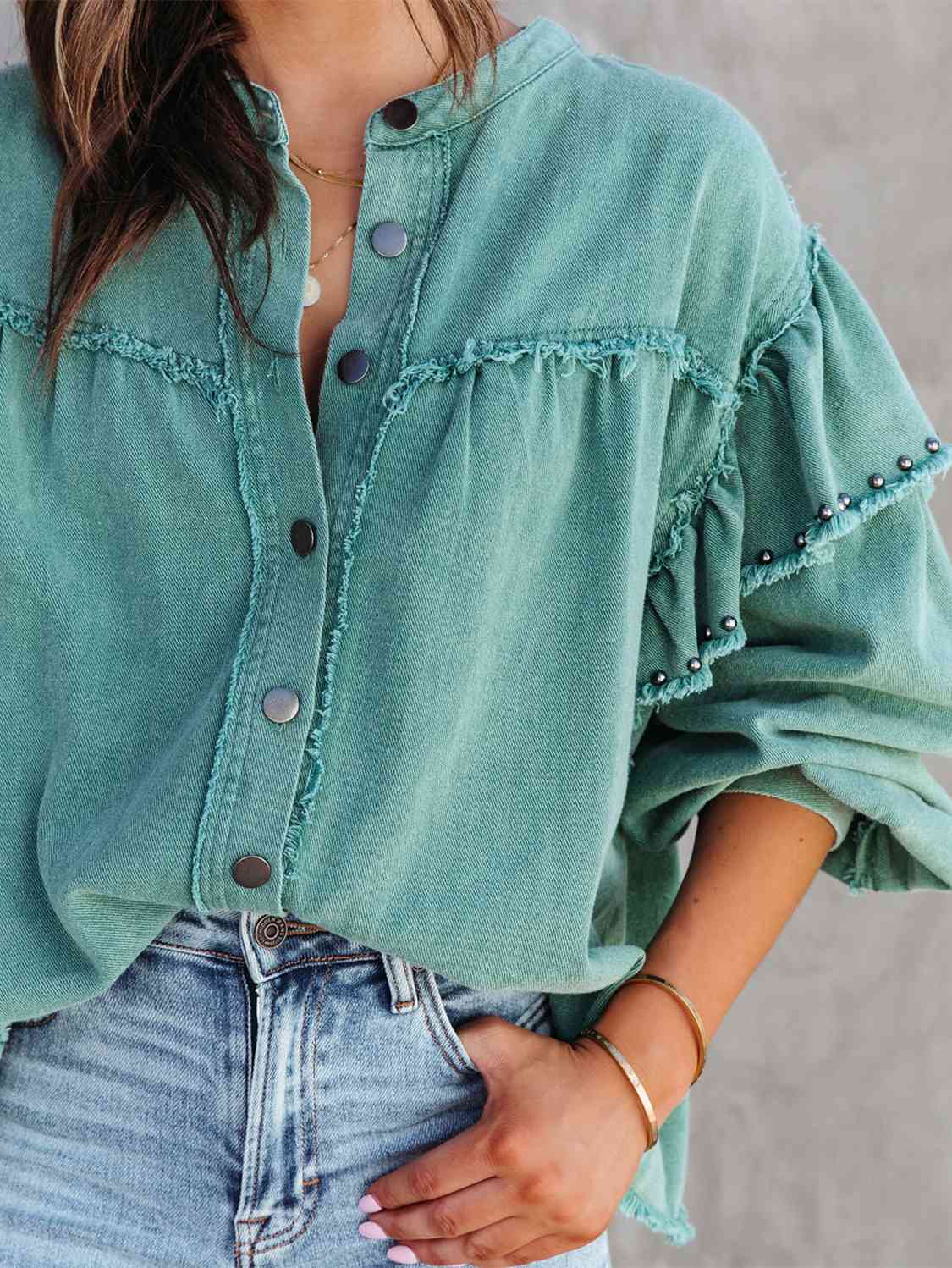 Button Down Raw Hem Denim Jacket