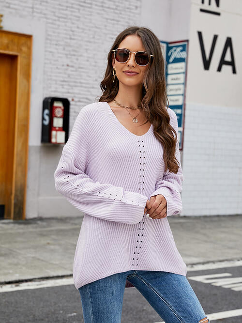 Openwork Dropped Shoulder Long Sleeve Sweater